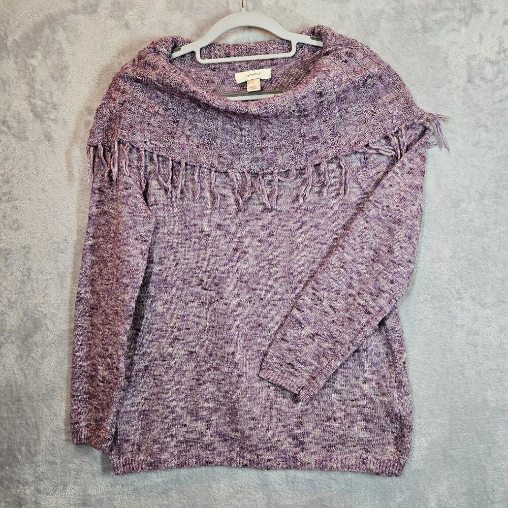 Colette Marled Knit Fringe Cowl Womens XL Purple Sweater Career career Preppy
